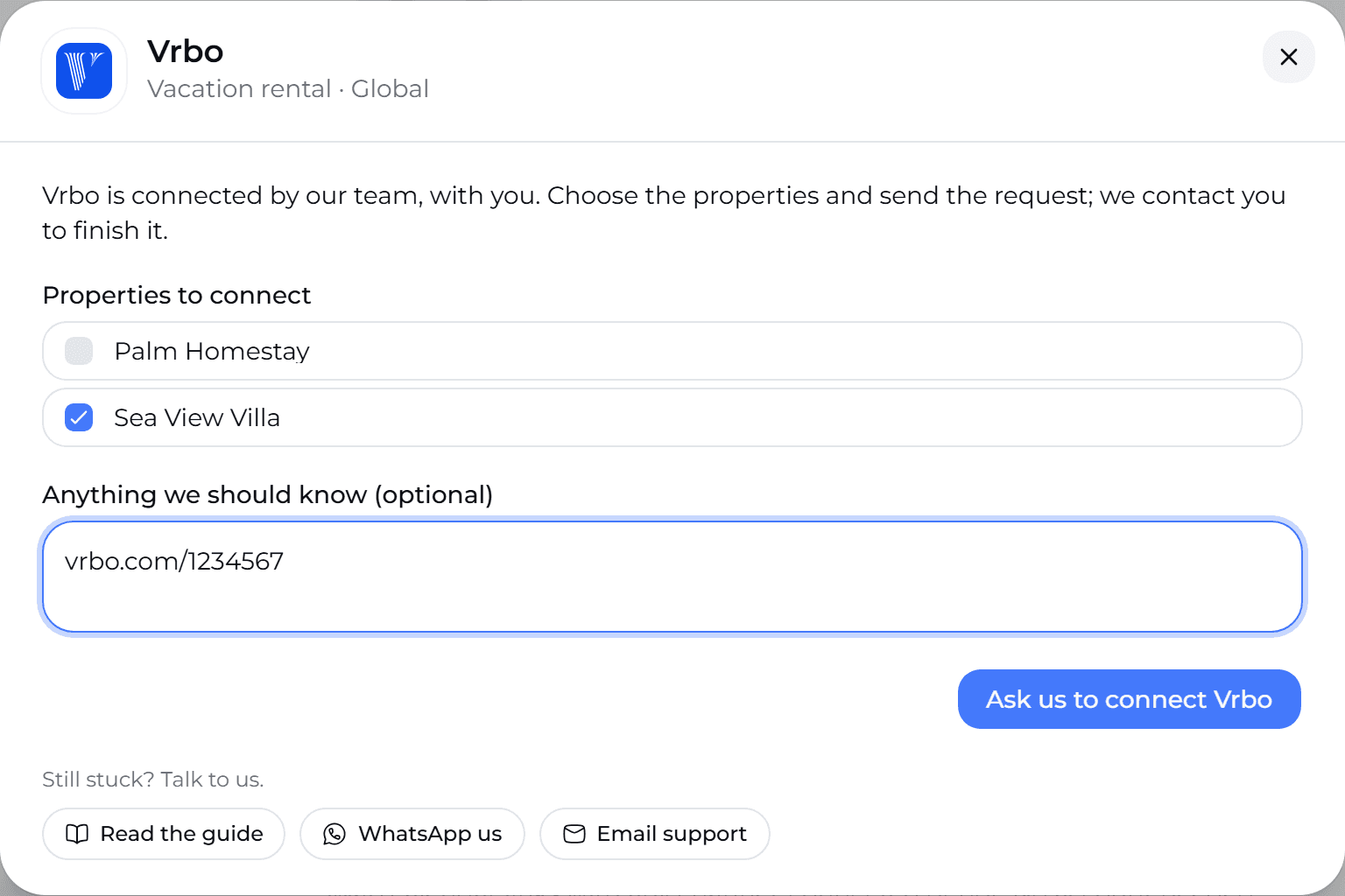 Ask us to connect Vrbo