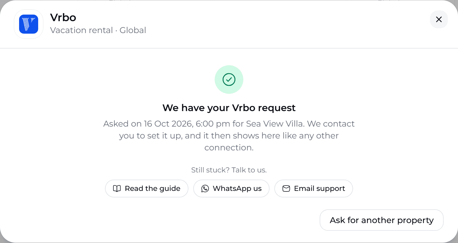 The Vrbo request, received