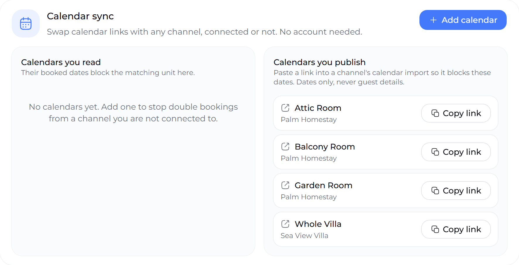 Calendar sync on the Channels page