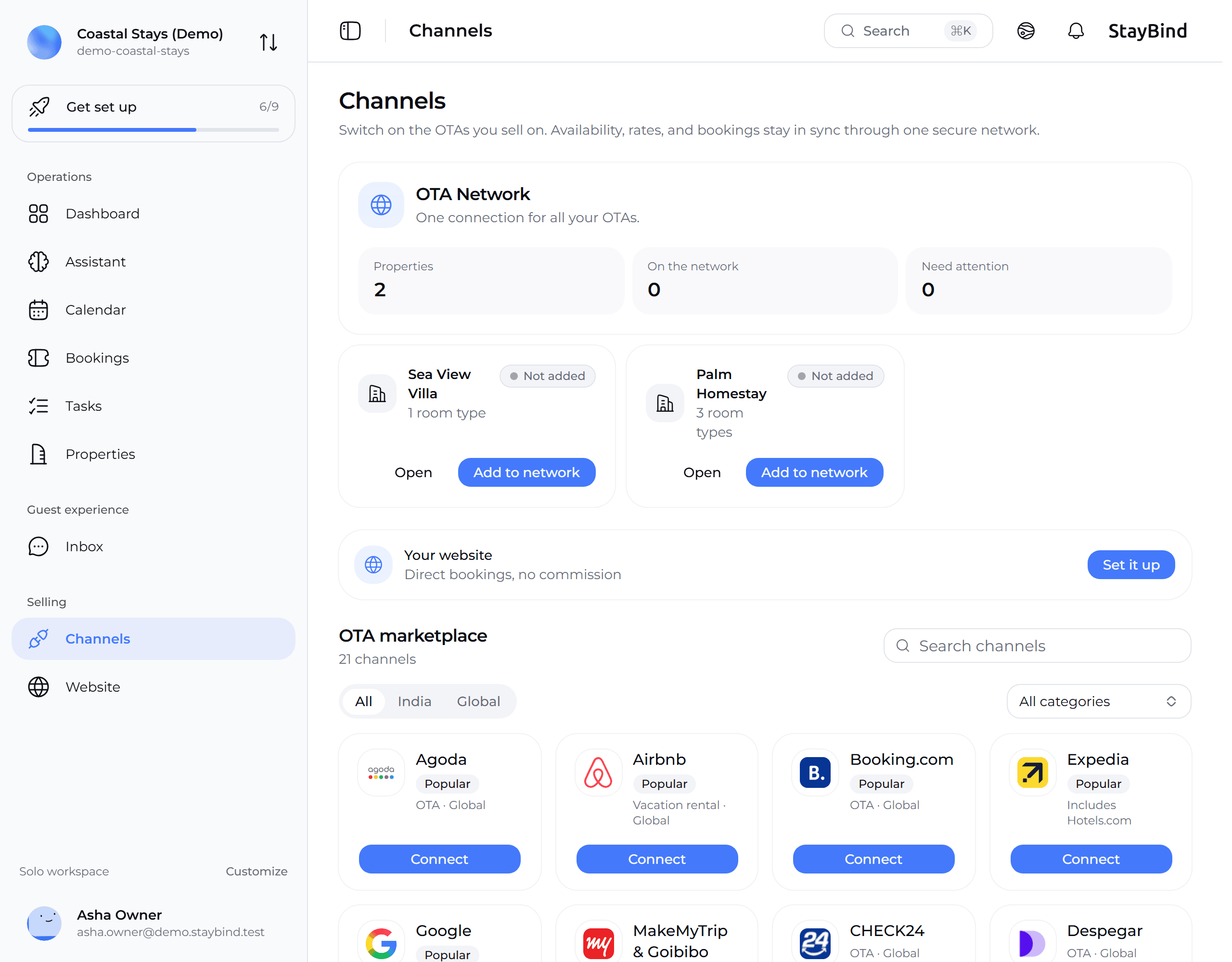 The Channels page in StayBind